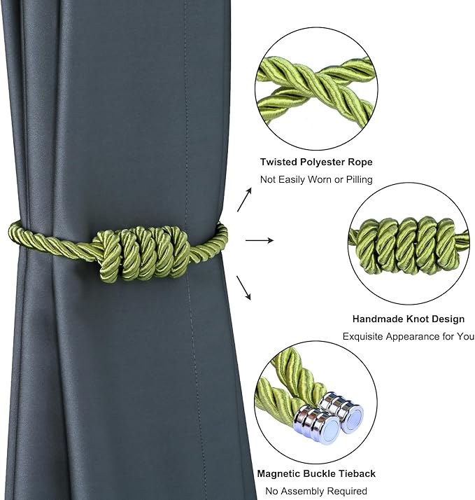 BEL AVENIR Magnetic Curtain Tiebacks, Decorative Drapery Holdbacks Modern Woven Tie-Backs with Exquisite Knot (Green, 4 Pack)