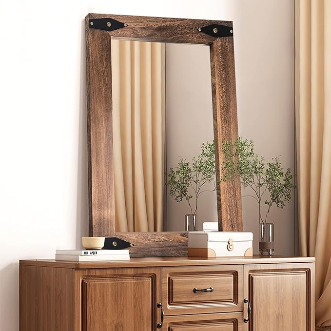 Farmhouse Rustic Mirror Wood Framed for Bathroom, Decorative Bathroom Mirror for Wall Wood, Wall Mounted Rectangular Mirror for Bedroom Living Room, Wood Mirror 24x36 Inch