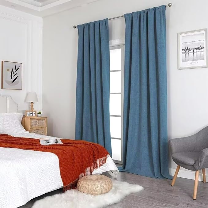 Joydeco Natural Linen Curtains 84 inch Length 2 Panels Set Burg 100% Blackout Patio Door Curtain Room Darkening Sliding Door Curtains Thermal Insulated Back tab Rod Pocket(105x84 inch, Sky Blue)