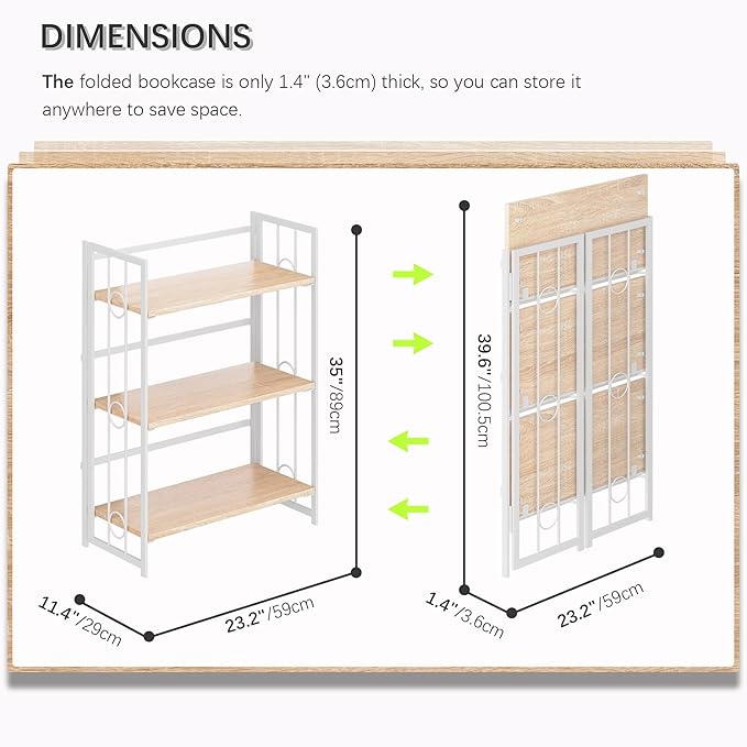 4NM No Assembly 3 Tiers Folding Bookshelf, 35" H Foldable Storage Shelves Vintage Bookcase Standing Racks Study Organizer Home Office - Natural White
