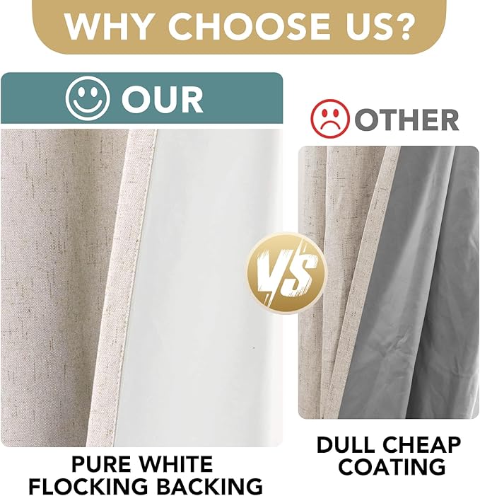 H.VERSAILTEX Primitive Linen Curtains 100% Blackout Curtain Drapes Burlap Curtains with White Thermal Insulated Liner, Grommet Top Drapes Living Room/Bedroom (2 Panels, 42 x 45 Inch, Natural)