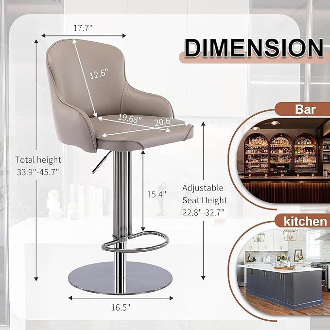 Black Titanium Stainless Steel Bar Stools,Grade Modern Leather Bar Chair with Backrest,Swivel Adjustable Height for Kitchen Counter and Dining Room (Grey Leather-2pcs)