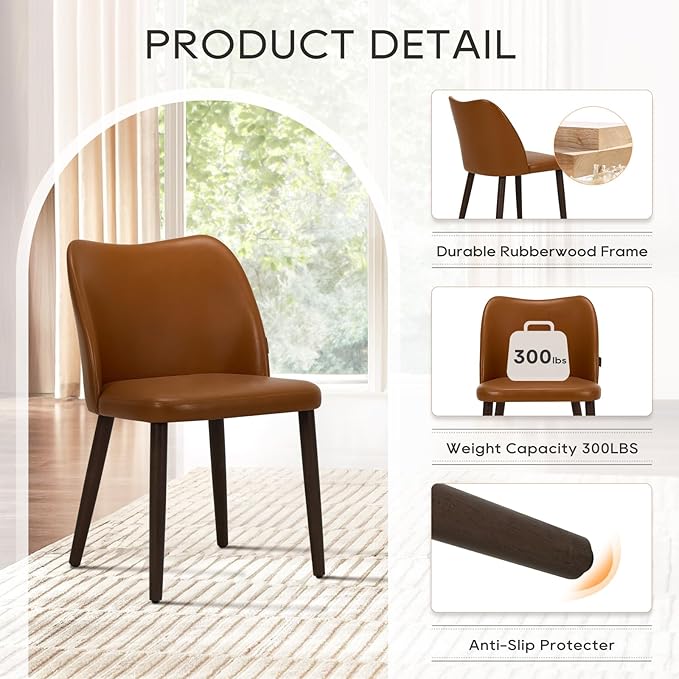 COLAMY Upholstered Dining Chairs Set of 2, PU Leather Dining Room Kitchen Side Chair with Padded Seat and Wood Legs Restaurant/Cafe,Light Brown