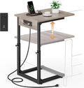 Vagusicc C Shaped End Table with Charging Station, 33" Tall Side Table for Couch, C Table Adjustable Height Small Couch Side Table, Slide Under Sofa Table TV Tray Table for Living Room, Bedroom, Grey