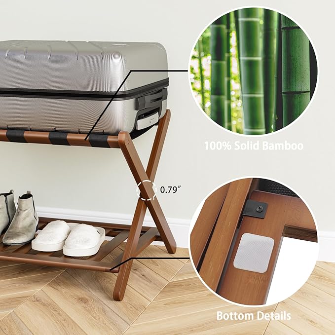 Fully Assembled Walnut Bamboo Luggage Rack with Shoe Shelf, Folding Suitcase Stand with 5 Heavy-Duty Straps, Large Wooden Luggage Holders for Guest Room, Ideal for Bedroom, Hotel