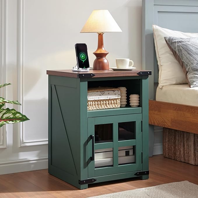 Farmhouse Nightstand with Charging Station, Rustic End Table with Tempered Glass Barn Door, Wood Sofa Side Bedside Table with Open Storage Shelf for Living Room, Bedroom, Green, 2 Pack