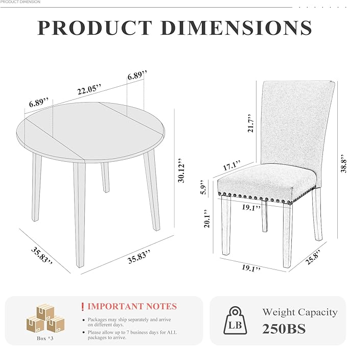 COLAMY 5-Piece Extendable Dining Table Set for 4, 36" Kitchen Round Wood Table with 4 Nailhead Dining Room Chairs,Light Brown/Boho