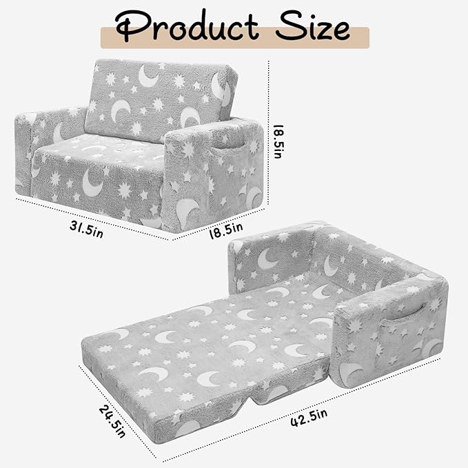 SLIGUY Kids Chair, Toddler Couch, Fold Out Sofa Chair, Toddlers Convertible Sofa to Lounger Pull Out Couch, Glow in The Dark Sofa Chair for Boys and Girls Large (Grey)
