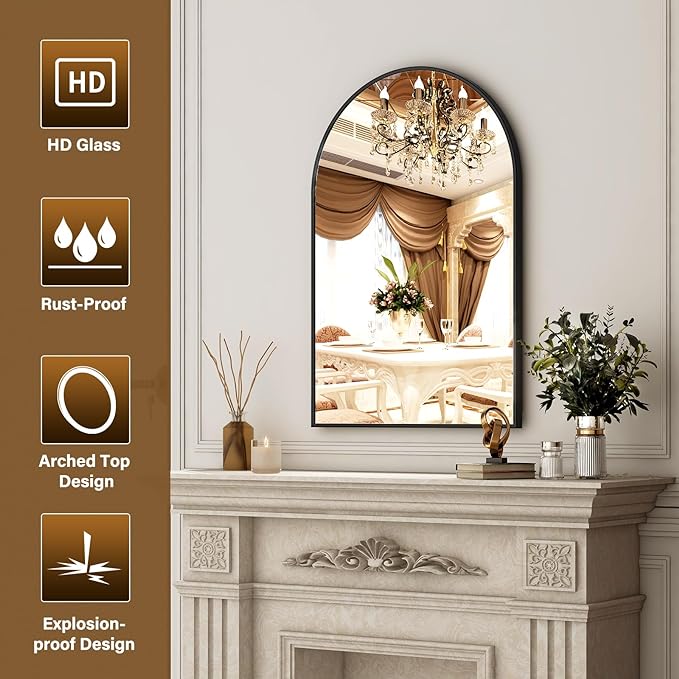 24"x36" Black Arched Bathroom Mirror - Wall Mirror for Bathroom, Metal Frame Vanity Mirror, Dresser Mirror, Arch Decorative Mirrors for Living Room, Bedroom, Entryway, Mantle