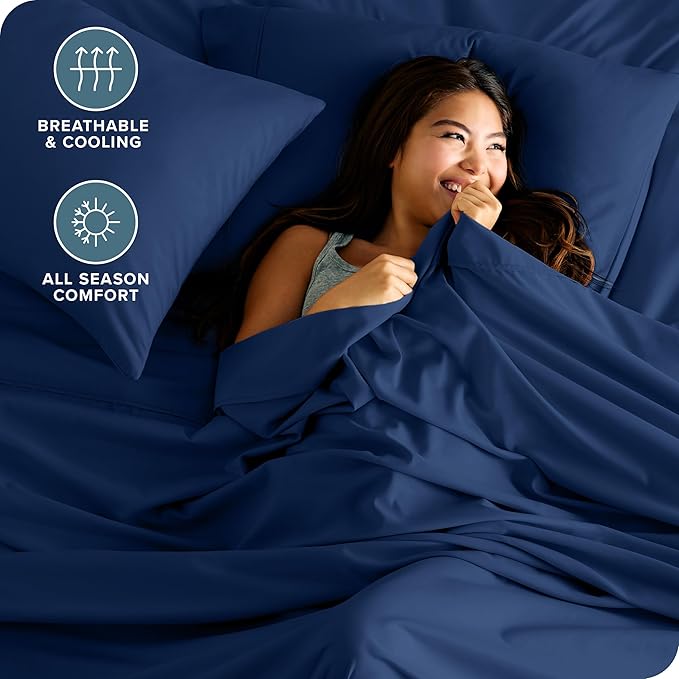 Bare Home Full XL Sheet Set - Luxury 1800 Ultra-Soft Microfiber Full Extra Long Bed Sheets - Double Brushed - Deep Pockets - Easy Fit - 4 Piece Set - Bedding Sheets & Pillowcases (Full XL, Dark Blue)