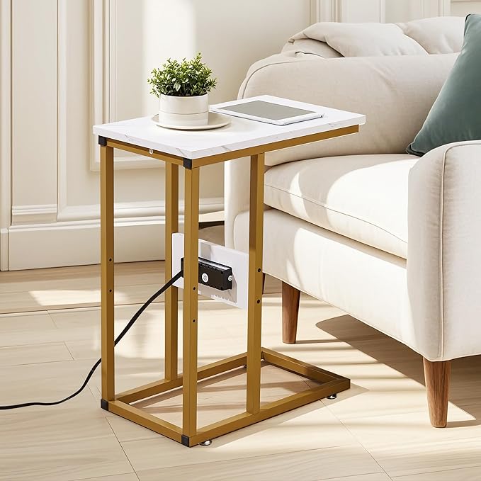 VECELO C Shaped End Side Table with Charging Station & Power Outlets for Couch Sofa/Bed Snack TV Tray with Metal Frame for Living Room Bedroom 2 Set, Gold