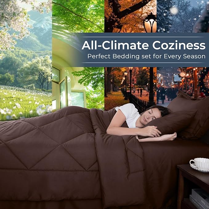 HEVUMYI Brown Cali-King Comforter Set - 7-Piece All Season Bed in a Bag Cali-King, Ultra Soft Bedding Set with Comforter, Flat Sheet, Fitted Sheet, Pillowcases, Pillow Shams
