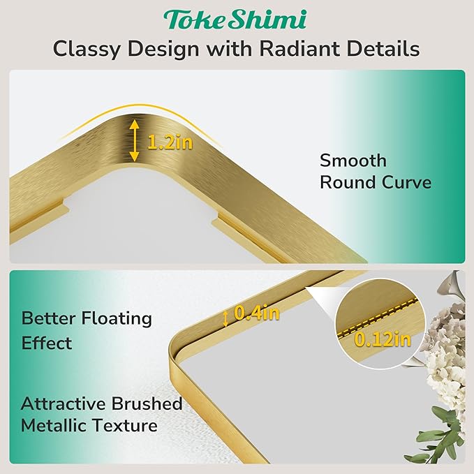 TokeShimi 48x30 Wall Mirror for Bathroom,Brushed Gold Bathroom Vanity Mirror Modern,Tempered Glass,Large Bathroom Mirror Rectangle,Metal Framed Bathroom Mirror(Horizontal/Vertical)