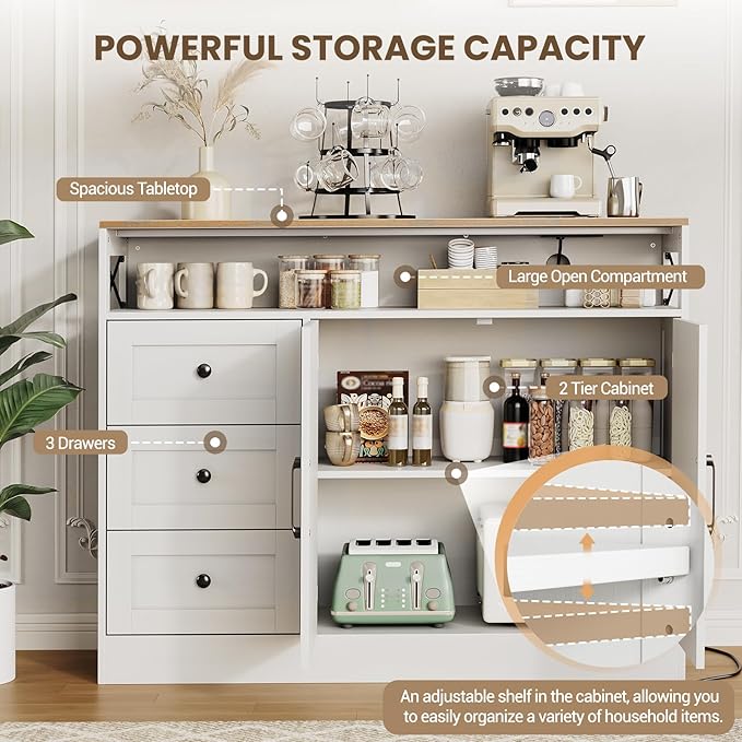 47inch Farmhouse Buffet Sideboard Cabinet, Wood Cupboard Storage Pantry Cabinet with Drawers, Coffee Bar Station Table for Kitchen Living Dining Room, White