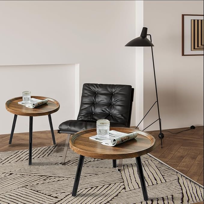 Jessie 2 Pcs Small Round Coffee Tables,Mid Century Modern Nesting Tables,Easy Assembly Circle Walnut Coffee Tables with Non-Slip Feet,Wood Grain Top Nesting Coffee Table for Living Room Balcony Yard