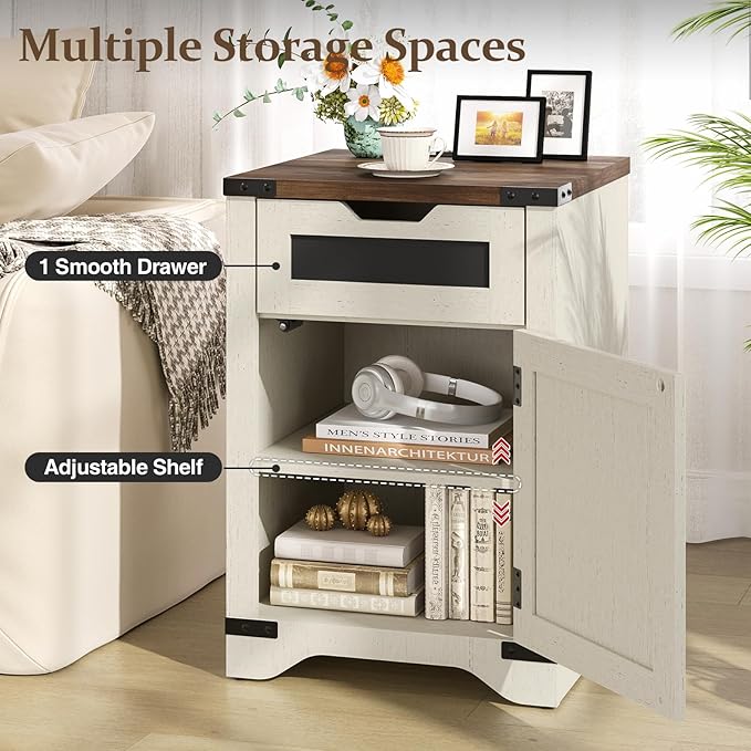 Farmhouse End Table Set of 2 with Charging Station, 26.4" Tall Rustic Nightstand with Drawer and X Barn Door, Antique White Country Bedside Sofa Side Table for Living Room