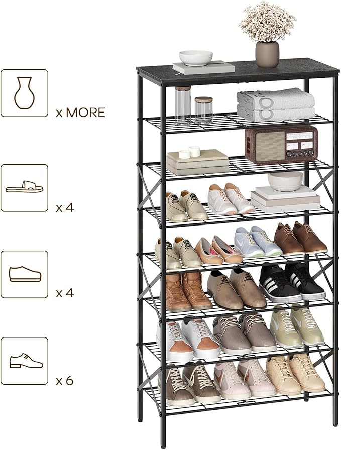 8 Tier Shoe Rack, Large Capacity Shoe Storage Organizer Holds 32 Pairs, Durable and Stable, for Entryway, Hallway, Closet, Dorm Room, Charcoal and Black SS08BC