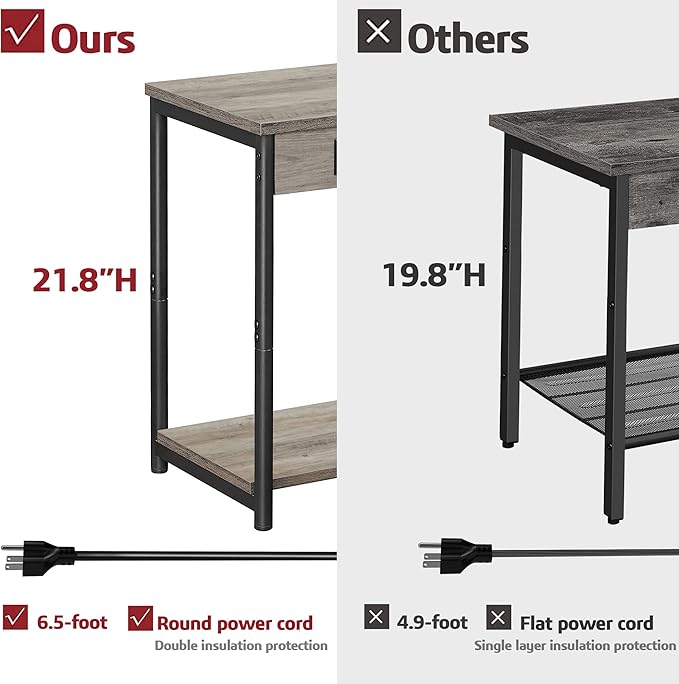 TUTOTAK Small Night Stand with Charging Station, End Table Set of 2, Side Table with USB, 21.8”H Nightstand with Storage Shelf, Sofa Couch Table TB01BG029 (2 pcs)