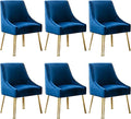 Modern Velvet Dining Chairs Set of 6, Contemporary Upholstered Furniture Collection with Polished Gold Metal Legs, Elegant Accent Chairs for Kitchen Living Room(Blue)