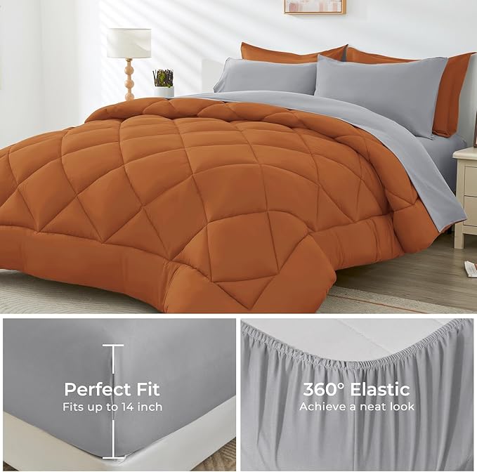 HEVUMYI Full Comforter Set - 7-Piece All Season Bed in a Bag Full, Ultra Soft Bedding Set with Comforter, Flat Sheet, Fitted Sheet, Pillowcases, Pillow Shams, Orange & Light Grey