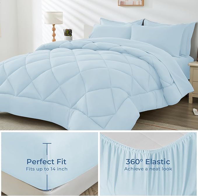 HEVUMYI King Comforter Set - 7-Piece All Season Bed in a Bag King, Ultra Soft Bedding Set with Comforter, Flat Sheet, Fitted Sheet, Pillowcases, Pillow Shams, Greyish Blue