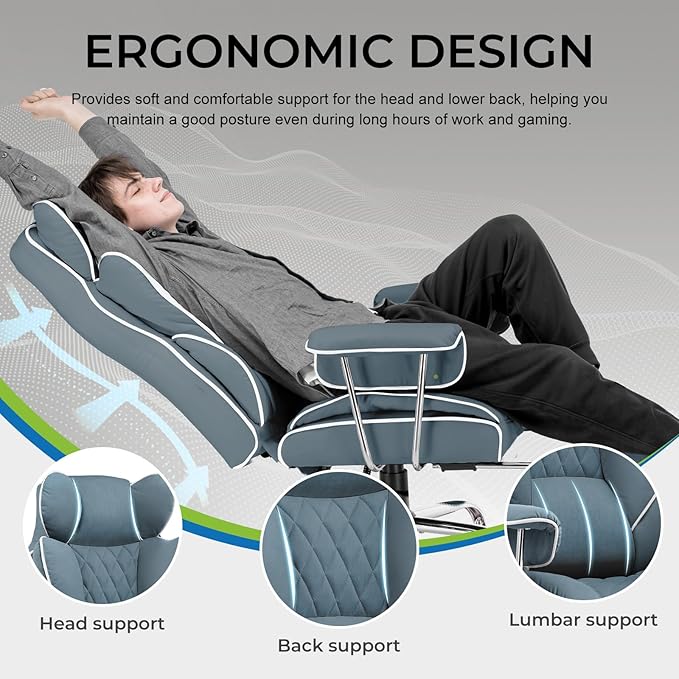 GTRACING Gaming Chair,Office Chair with Pocket Spring Lumbar Support, Ergonomic Comfortable Wide Office Desk Computer Chair with Outward Fixed Soft Armrests and Footrest (Fabric, Blue)