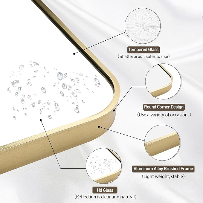 Gold Bathroom Mirror, 48x30 Inch Brushed Gold Mirror, Aluminum Alloy Framed Rectangle Bathroom Mirror for Over Sink, Anti-Rust Wall Mirror (Horizontally or Vertically)