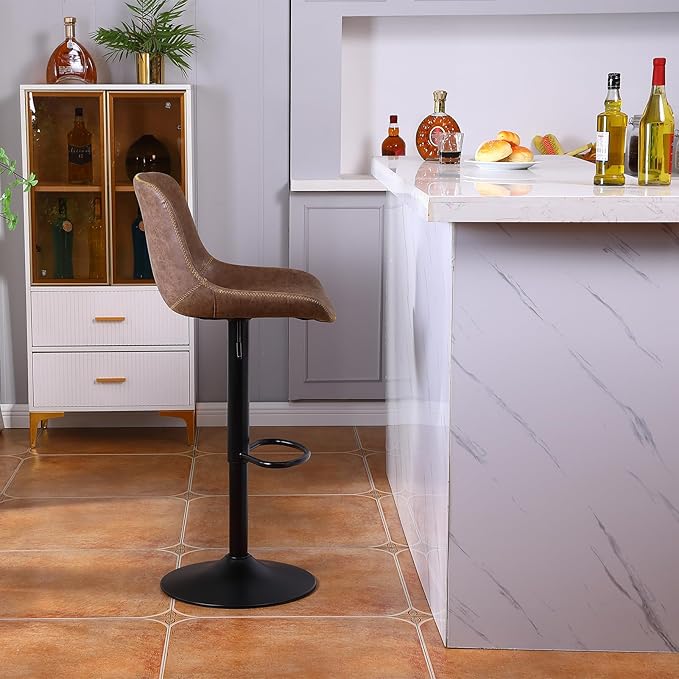 Bar Stools Set of 2, Swivel Counter Height Barstools with Back, Adjustable Modern Bar Chairs, Tall Armless PU Leather Kitchen Island Stool, Brown