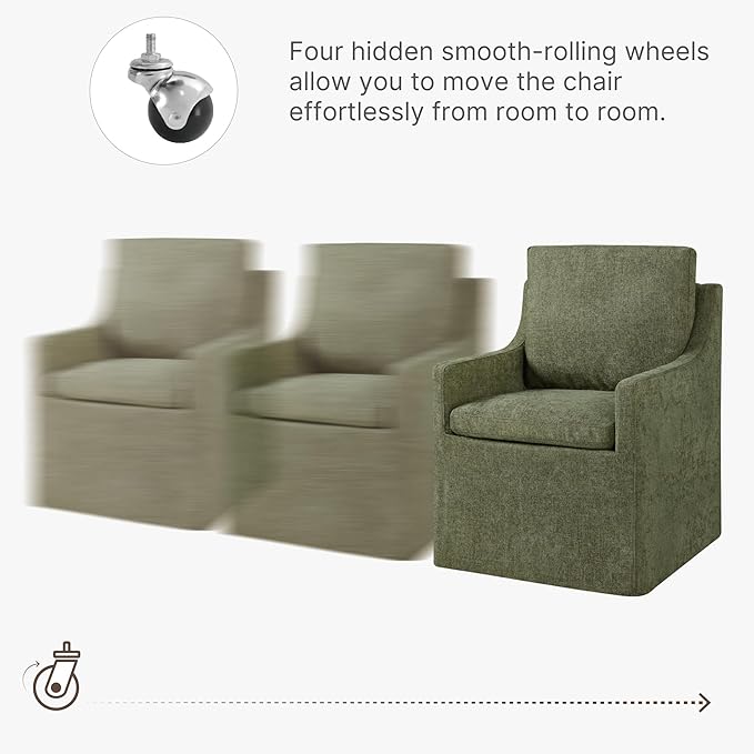 Upholstered Dining Chairs with Casters Easy Assembly Side Deskchair with Rollers for Diningroom, Living Room, Green, 4 Box