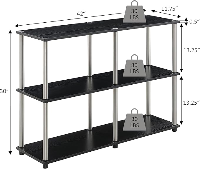Convenience Concepts Designs2Go No Tools 3 Tier Wide Console Table 42" - Modern Multipurpose Accent with Shelves for TV Media Center, Office Desk Extension, Entryway Display, & Home Storage, Black