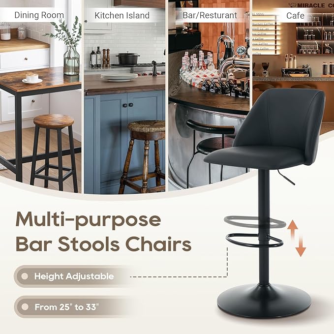 COLAMY Bar Stools Set of 6, Modern Swivel Bar Chairs, Adjustable PU Leather Upholstered Barstools Counter Height with Full Backrest for Bar, Dining Room, Kitchen Island, Black