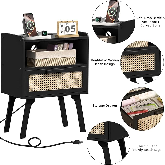 Lerliuo Rattan Nightstand with Charging Station, Black Bedside Table with Drawer Open Shelf, Cane Accent Side End Table with Solid Wood Legs, Night Stand for Bedroom, Dorm and Small Spaces