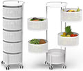 JAQ Rotating Fruit Basket, 5-Tier Metal Sturdy Kitchen Storage Rack Carts No Assembly on Rolling Wheels for Fruit Vegetable Grocery Corns Potato Onion in Bathroom(White, 5-Tier)