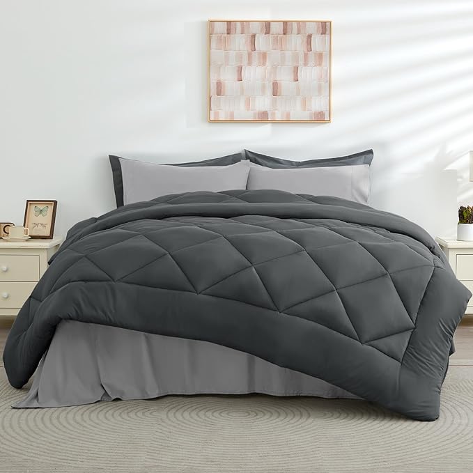 HEVUMYI Oversized Queen Comforter Set - 7-Piece All Season Bed in a Bag Oversized Queen, Ultra Soft Bedding Set with Comforter, Flat Sheet, Fitted Sheet, Pillowcases, Dark Grey & Light Grey