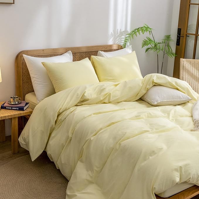 BESTOUCH Duvet Cover Set 100% Washed Cotton Linen Feel Super Soft Comfortable Chic Lightweight 2 PCs Home Bedding Set Solid Light Yellow Twin/Twin XL