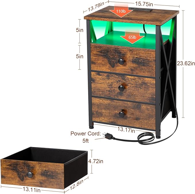 AMHANCIBLE LED Nightstand with Charging Station, Smart End Side Table with USB Port & Power Outlet, Bedside Table with Fabric Drawers for Bedroom, Living Room, Rustic Brown, HET053LBR-1