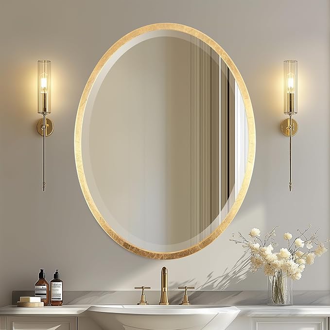 OVALCREST - Oval Wooden Beveled Wall Mirror for Home Decor, Bathroom, Vanity, Bedroom, Living Room, Hallway - London Style (Gold Leaf) 23.1 x 29.1