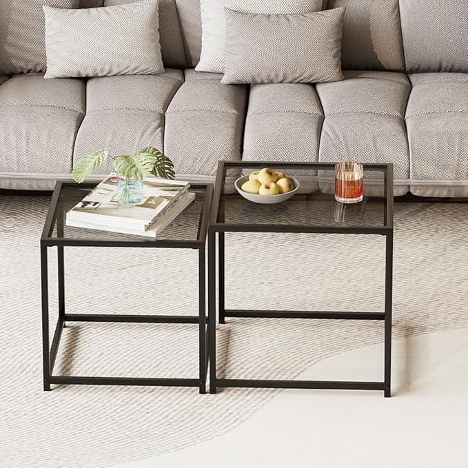 Garden 4 you Coffee Table Set of 2, Modern Glass Nesting Table, Metal Frame Square Center Table Set, Side Tables, Nesting Coffee Table for Living Room, Bedroom and Small Spaces, 19.7in Grey