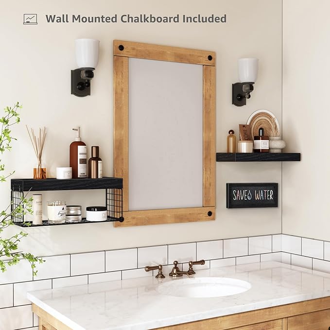 QEEIG Bathroom Shelves Over Toilet - Paper Storage Wall Mounted Farmhouse Decor Decorations Chalkboard Small Floating Shelf 2+1 Set 16 inch, Black (021B)