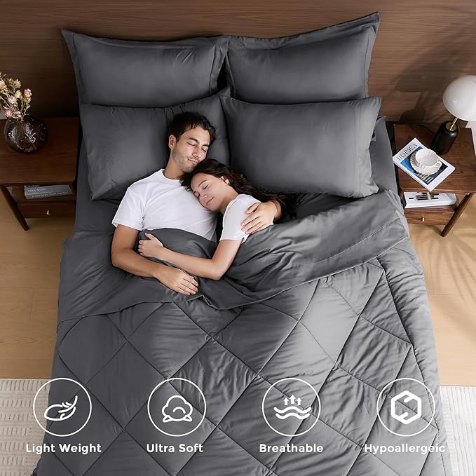 HEVUMYI 120x98 Oversized King Comforter Set Dark Grey- 7-Piece All Season Bed in a Bag Oversized King, Soft Bedding Set with Comforter, Flat Sheet, Deep Pocket Fitted Sheet, Pillowcases, Pillow Shams