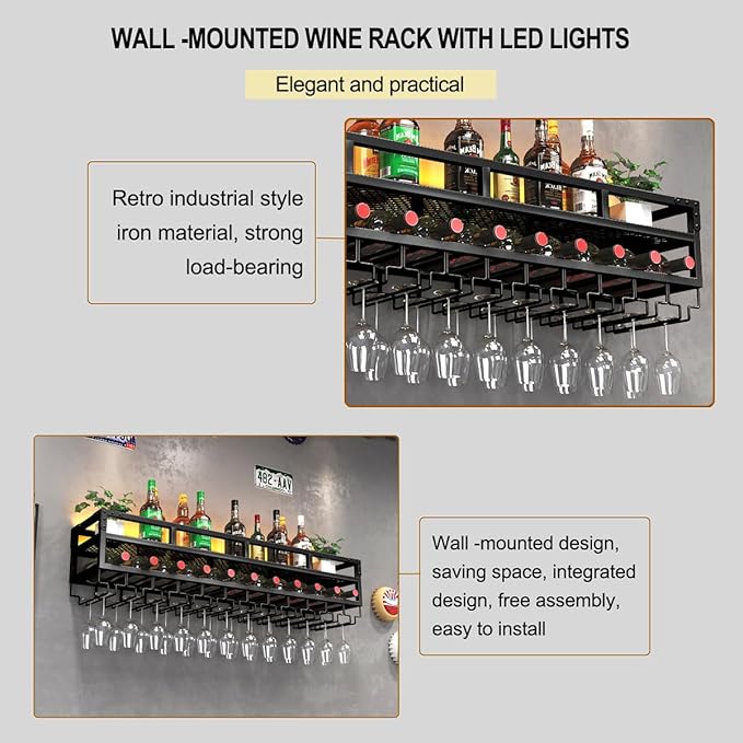 Pengfei LED Wine Rack Wall Mounted, Industrial Metal Wall Wine Shelf & Glass Holder, Large Floating Shelves Wine Bottle Storage Display Rack for Home Bar Dining Room Decor