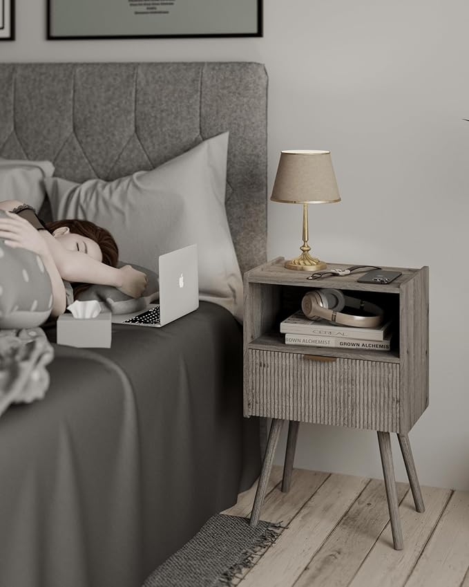 Nightstand,Modern Bedside Table with Storage Drawer and Open Wood Shelf, for Living Room, Bedroom and Small Spaces, Accent Night Stand with Solid Wood Legs, Easy Assembly,Grey Oak