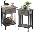 VECELO Nightstands Set of 2, Industrial Side Table/End Tables with Drawer and Storage Shelf, Night Stands for Bedroom, Living Room, Wood Metal Furniture, Easy Assembly
