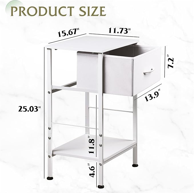 WLIVE Night Stand Set 2, White Nightstand with Fabric Storage Drawer and Open Wood Shelf, End Tables Dresser for Bedroom, Bed Side Table, Dorm, 25.03" Height
