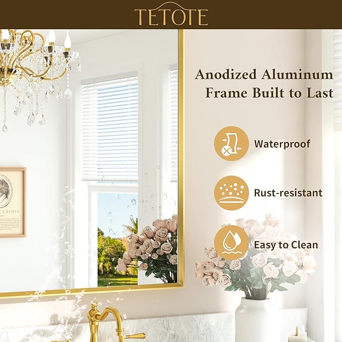 TETOTE Brushed Gold Vanity Mirror for Bathroom 40" x 24" Brushed Brass Rectangle Beveled Framed Bathroom Wall Mirror for Over Sink, Tempered Glass, Modern Farmhouse Bedroom, Entryway, Living Room
