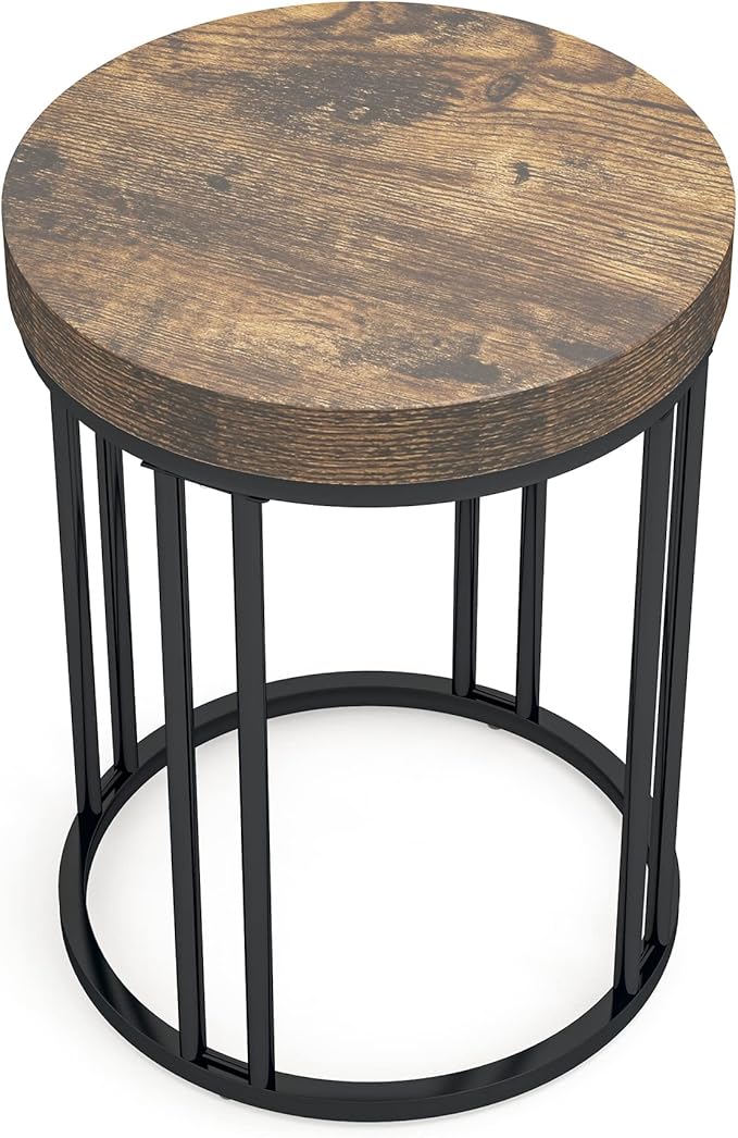 LITTLE TREE Round Side Table, End Table with Metal Frame, Small Wood Tables Tiny Coffee Accent Table Nightstand for Smaller Spaces, Living Room, Bedroom, Balcony (Brown, 2PCS)