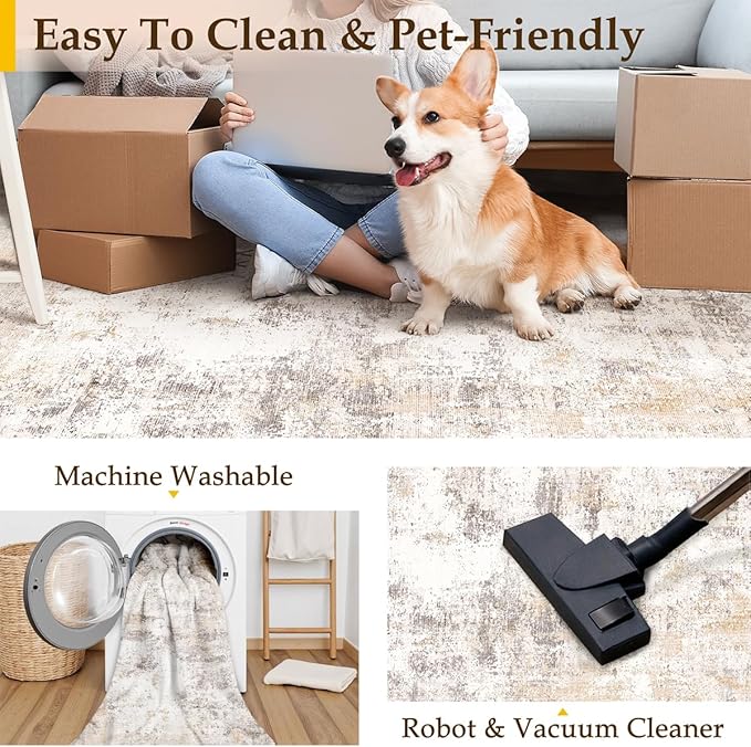 3x5 Washable Area Rug Beige Grey Neutral Abstract Entryway Kitchen Non Slip Low Pile Throw Rug Living Room Bedroom Indoor Doormat Small Soft Carpet for Entrance Bathroom