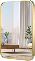 48x30 Inch Gold Bathroom Mirror, Brushed Gold Metal Framed Rectangular Mirror with Rounded Corner, Bathroom Vanity Mirror for Bedroom or Living Room, Horizontal/Vertical