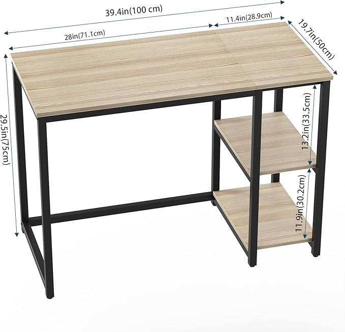 SINPAID 40'' Oak Computer Desk with Shelves, Sturdy Light Wood Desks with Storage Space, Modern Gaming Desk Study Writing Laptop Table, Beige