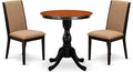 East West Furniture ESLA3-BCH-47 3 Piece Modern Dining Table Set Contains a Round Wooden Table with Pedestal and 2 Light Sable Linen Fabric Upholstered Chairs, 30x30 Inch, Black & Cherry
